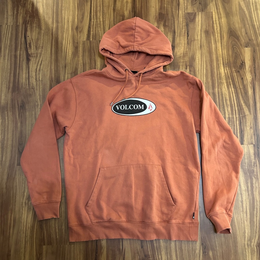 Volcom Mens Classic Fit Pullover Hoodie Burnt Orange Logo Graphic Sweatshirt L